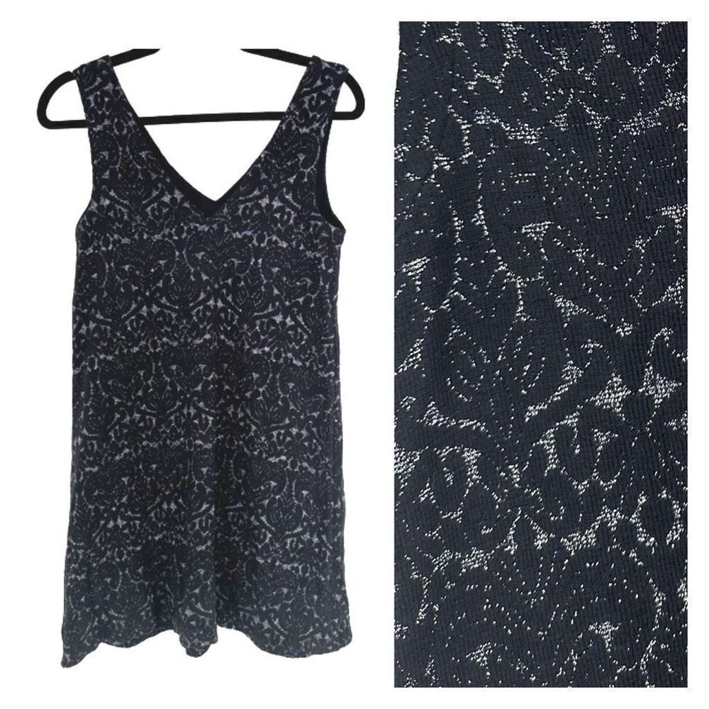 LOFT Women's V Neck Metallic Sleeveless Swing Shift Dress Black Silver Size XS
